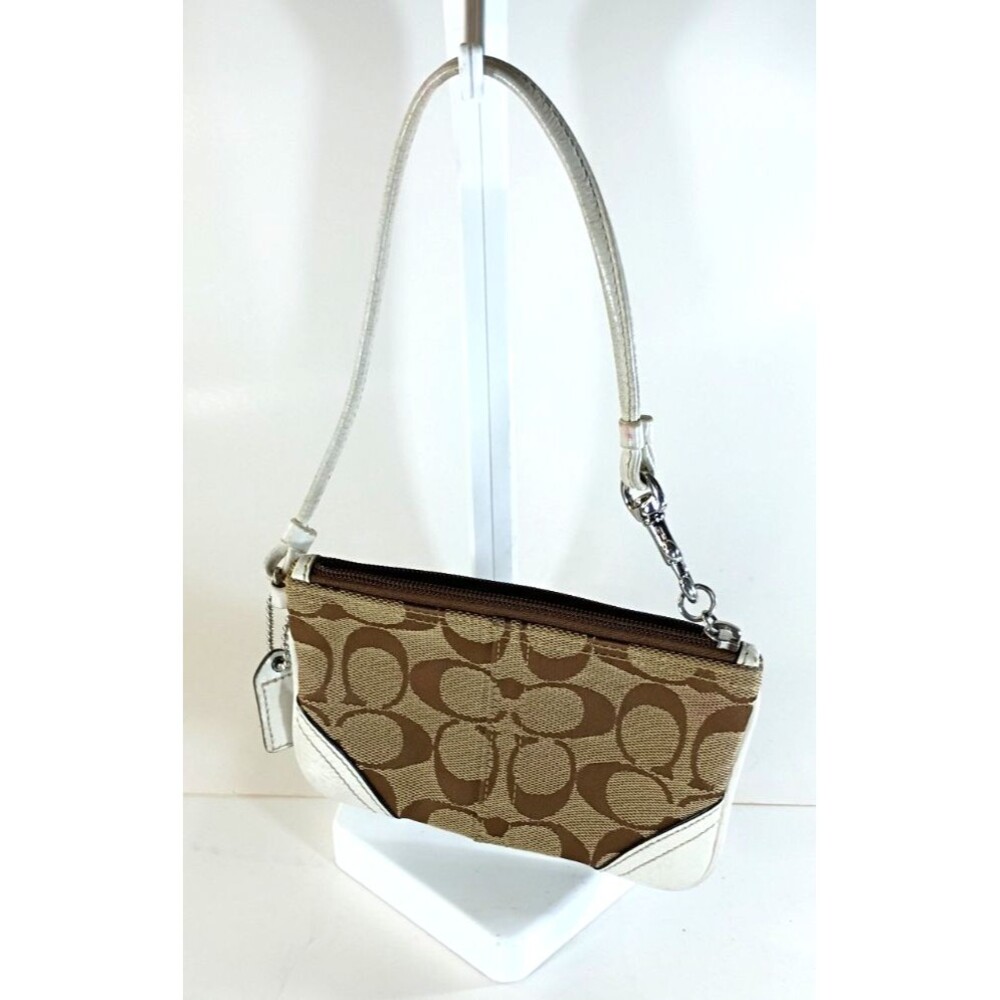 Coach Signature Canvas Wristlet Brown White Leather Trim Logo Wristlet Purse VTG